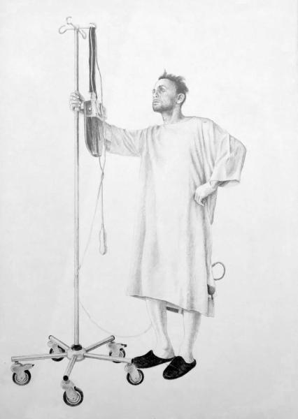 self portrait in a hospital, holding on a stand in hospital clothing
