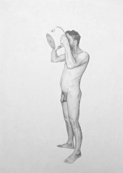 self portrait, naked drinking from a big pot